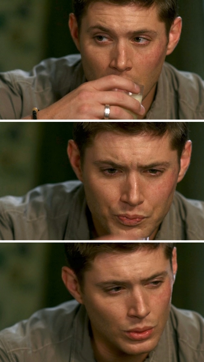 Three images of Jensen Ackles drinking from a glass and reacting with contemplative expressions. He wears a casual shirt