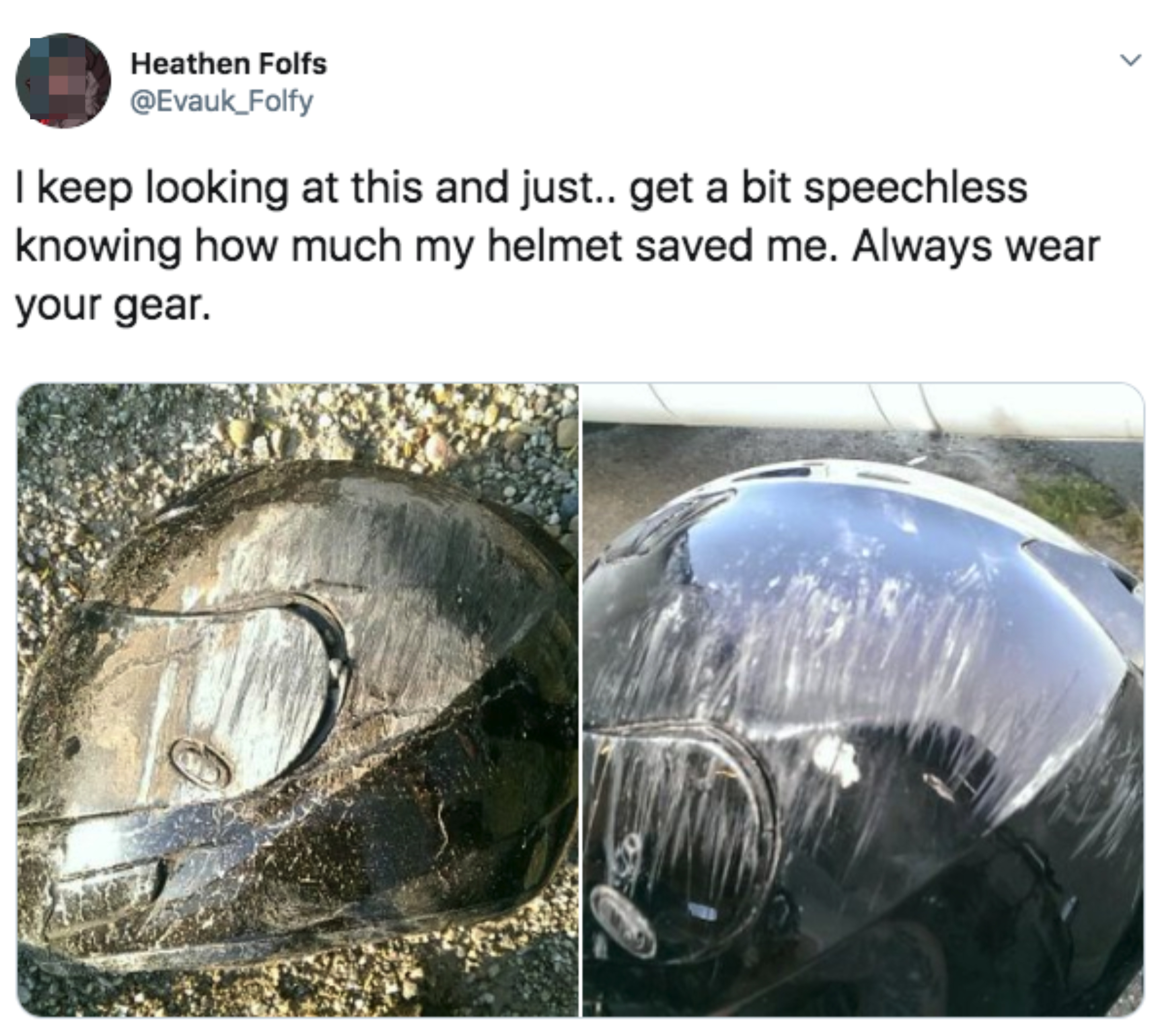 Split image of a scratched and damaged helmet. Tweet by Heathen Folfs (@Evauk_Folfy) expresses gratitude for the helmet saving their life and emphasizes always wearing gear