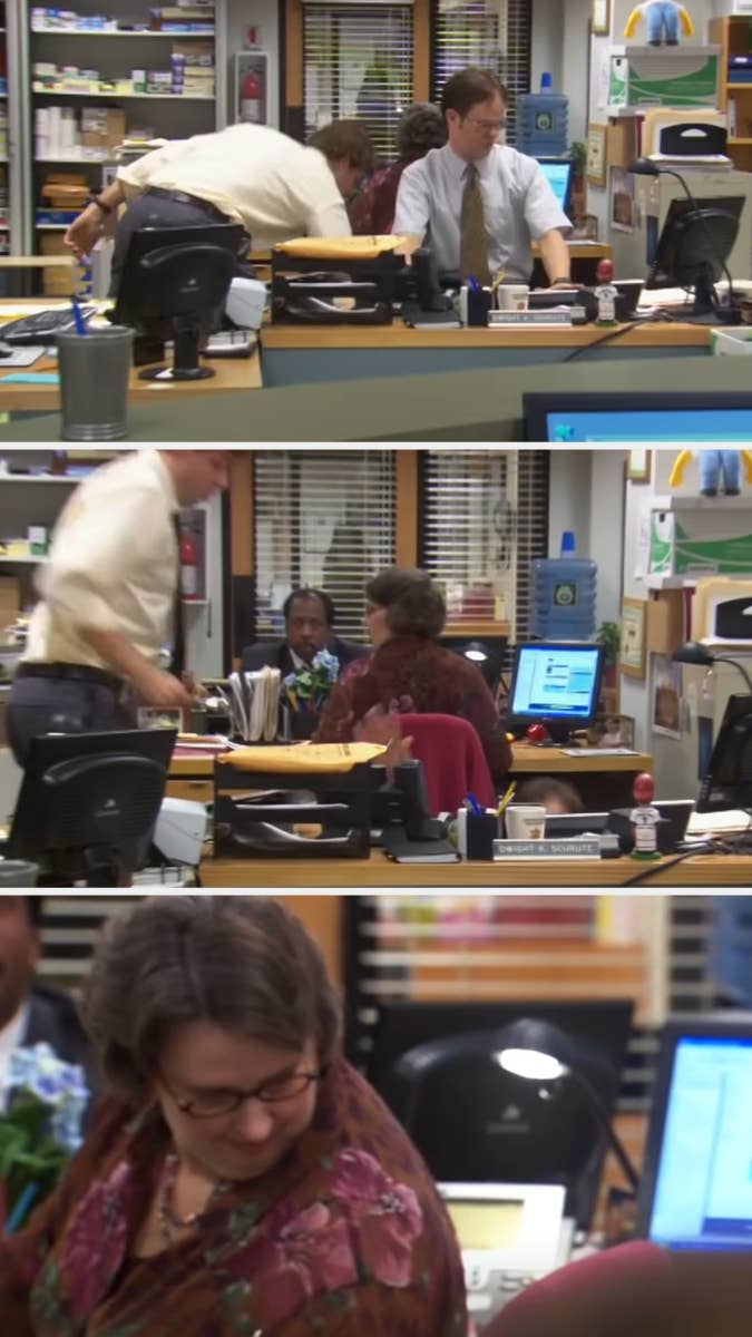 Three scenes from an office: Jim Halpert and Dwight Schrute at desks, a man standing by Phyllis Vance, and Phyllis Vance looking down while seated