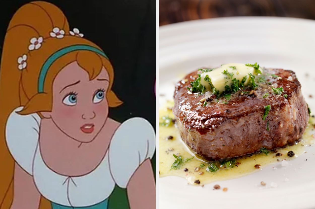On the left, an animated character, Thumbelina, is depicted in a concerned expression. On the right, a cooked filet mignon steak is garnished with herbs and melted butter