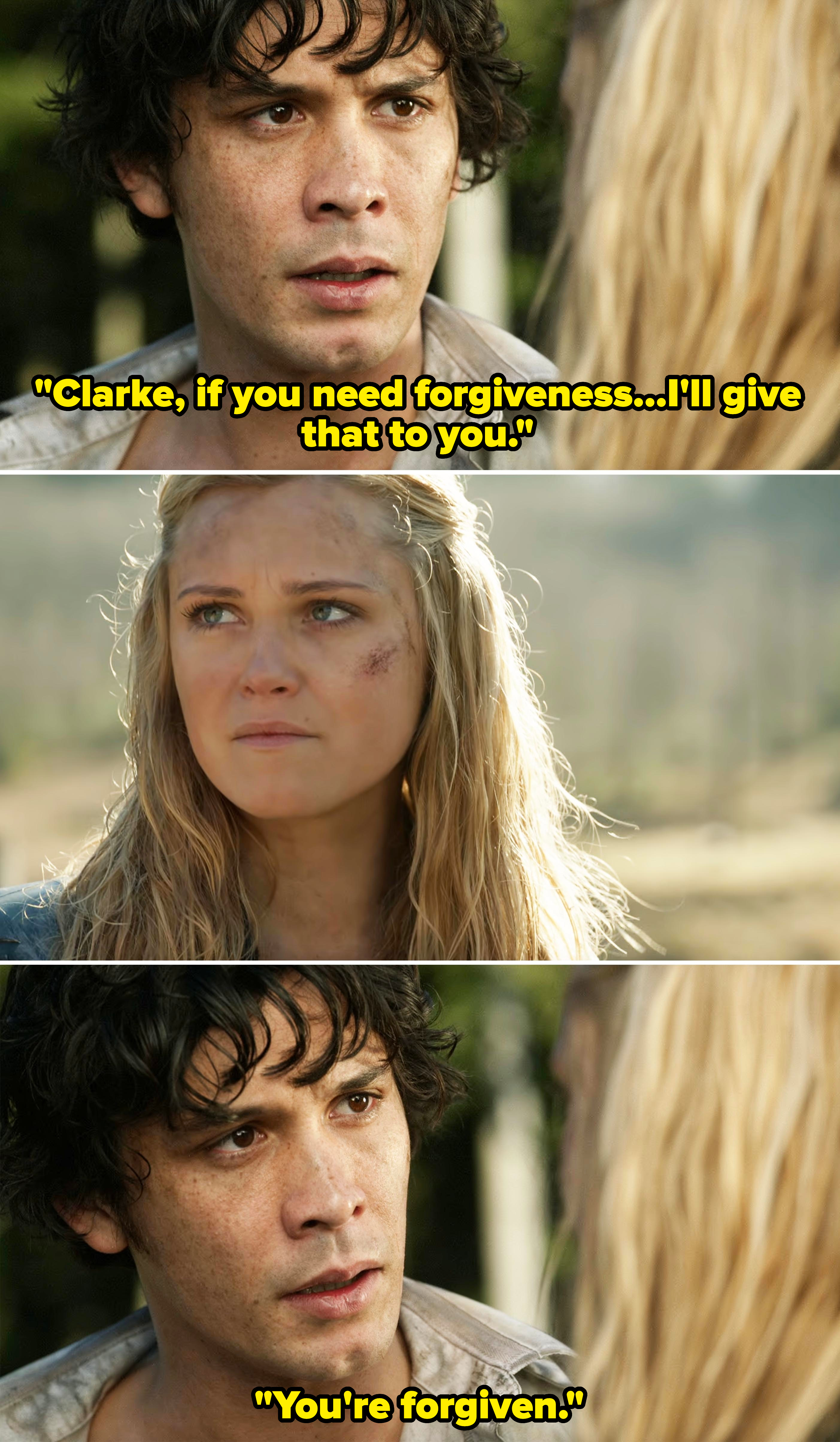 Bob Morley and Eliza Taylor, characters from &quot;The 100,&quot; in a close-up scene with intense expressions, showing concern and emotion