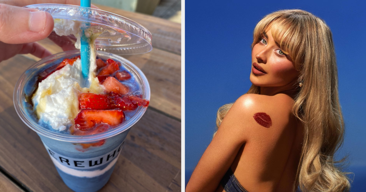 A close-up of a colorful smoothie with cream, strawberries, and syrup on the left. Kylie Jenner poses with long hair and a lipstick kiss mark on her shoulder on the right