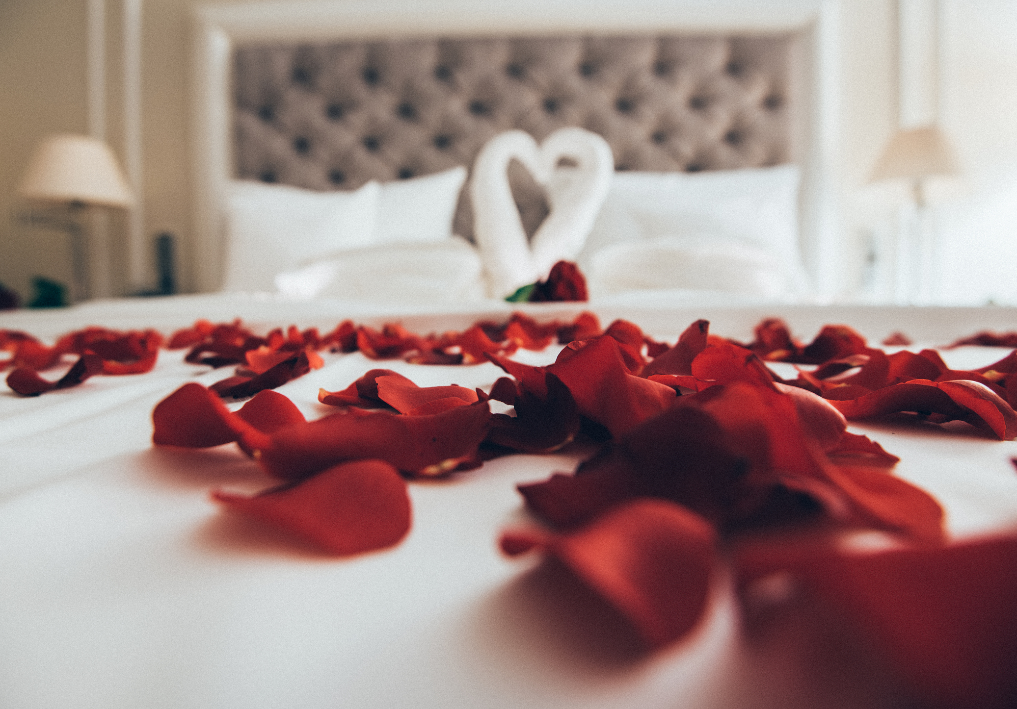 Bed adorned with red rose petals and two towel swans arranged in a heart shape, creating a romantic ambiance