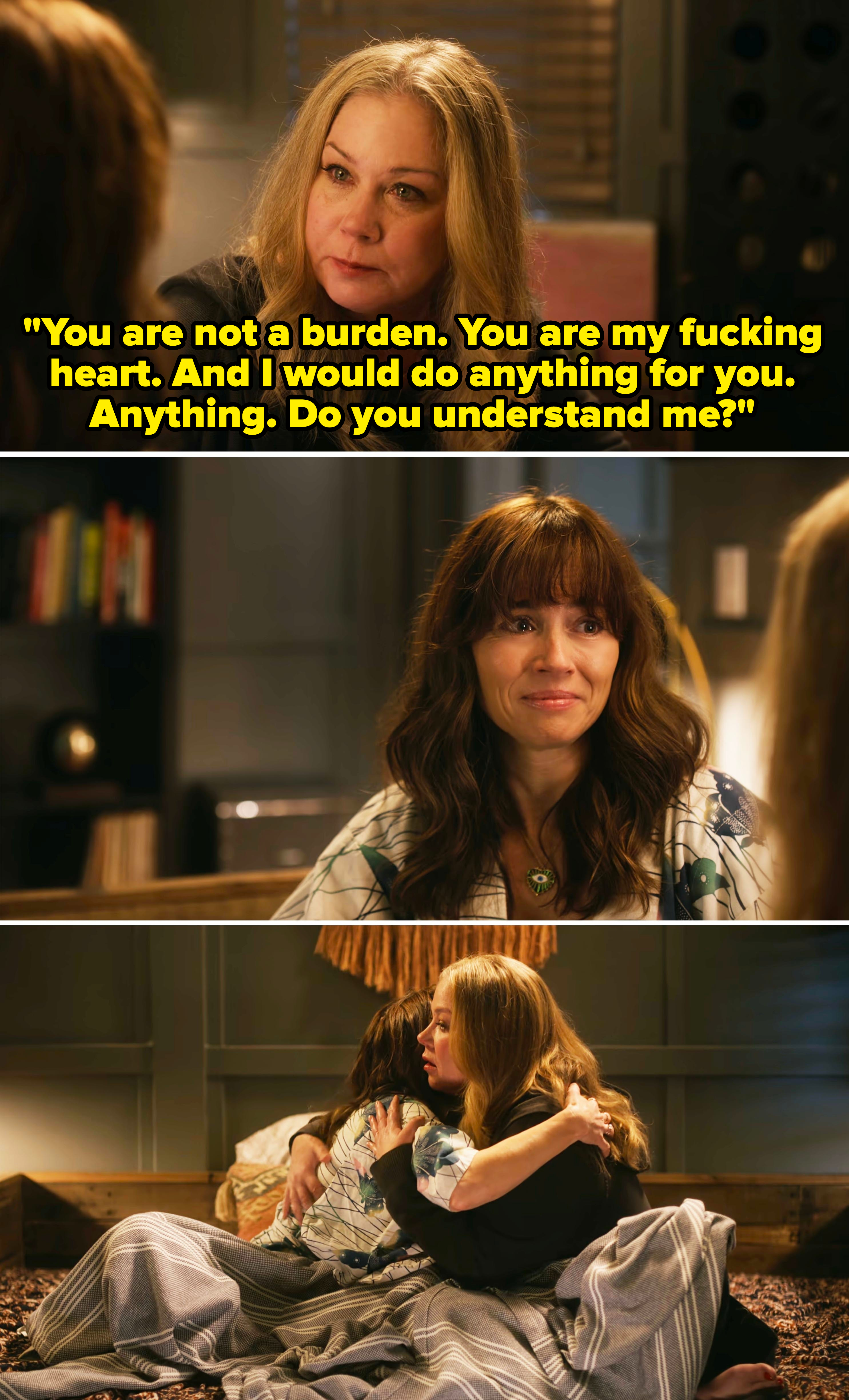 Christina Applegate and Linda Cardellini in a three-panel scene from &quot;Dead to Me,&quot; sitting and embracing while talking