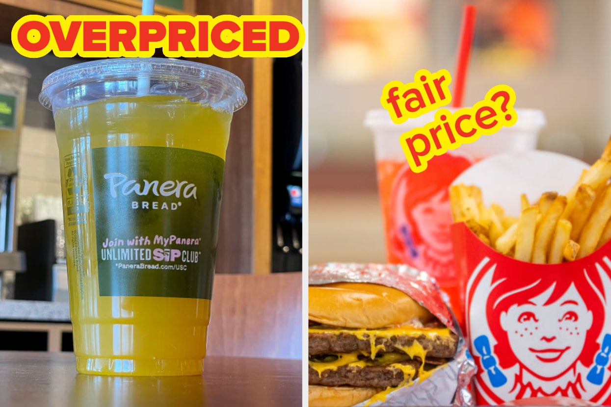 Panera iced drink with "OVERPRICED" text on the left; Wendy's burger and fries with "fair price?" text on the right
