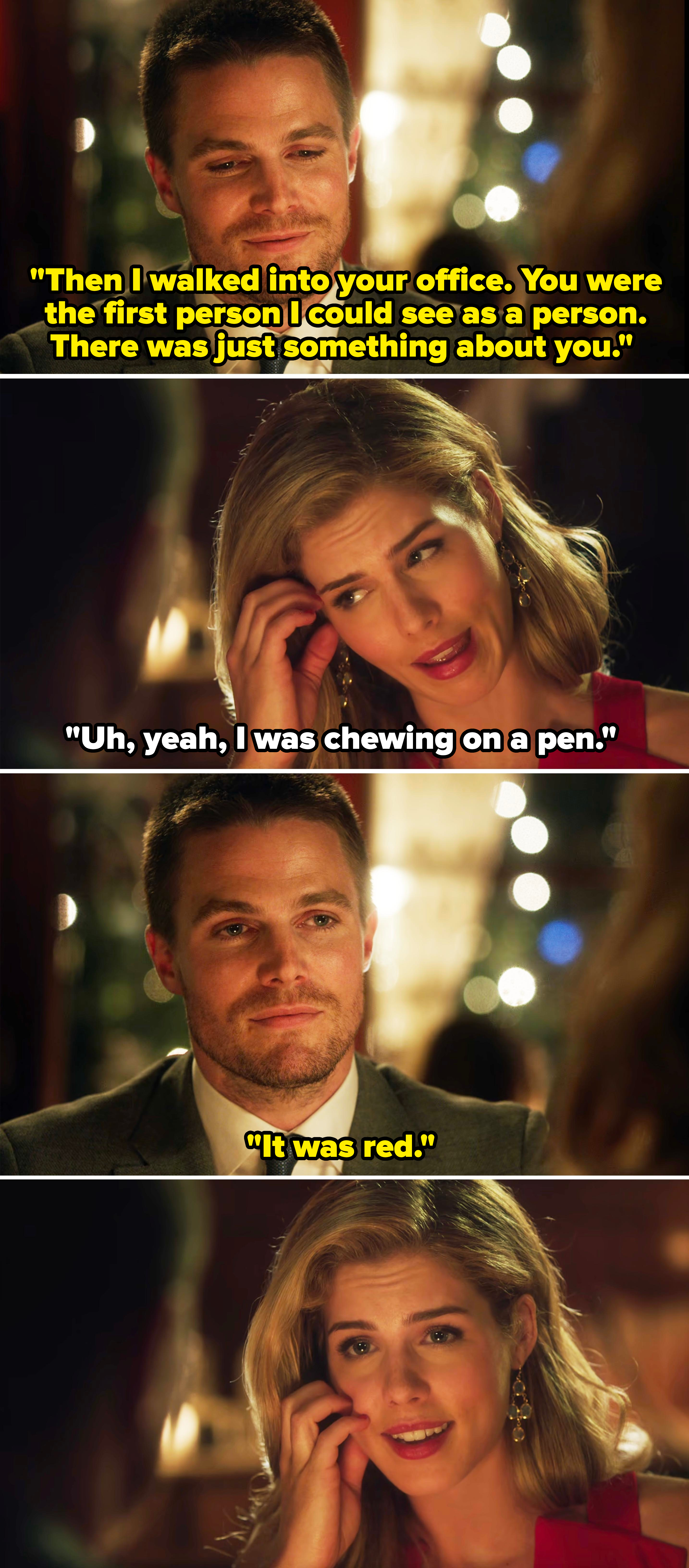 Stephen Amell and Emily Bett Rickards in a scene from &quot;Arrow&quot; as Oliver Queen and Felicity Smoak, respectively, having a heartfelt conversation over dinner