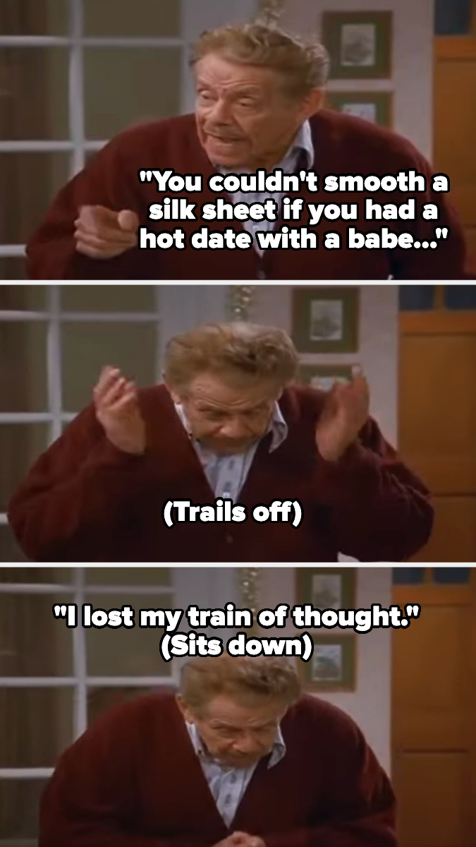Jerry Stiller angrily gestures with his hands in the first image, trails off in confusion in the second, and sits down in the third with a defeated expression