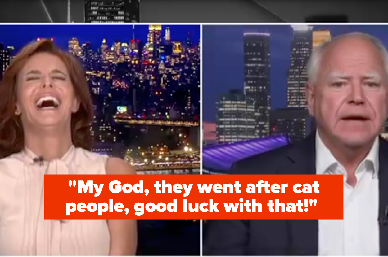 Stephanie Ruhle laughing and Governor Tim Walz on-screen with caption: My God, they went after cat people, good luck with that