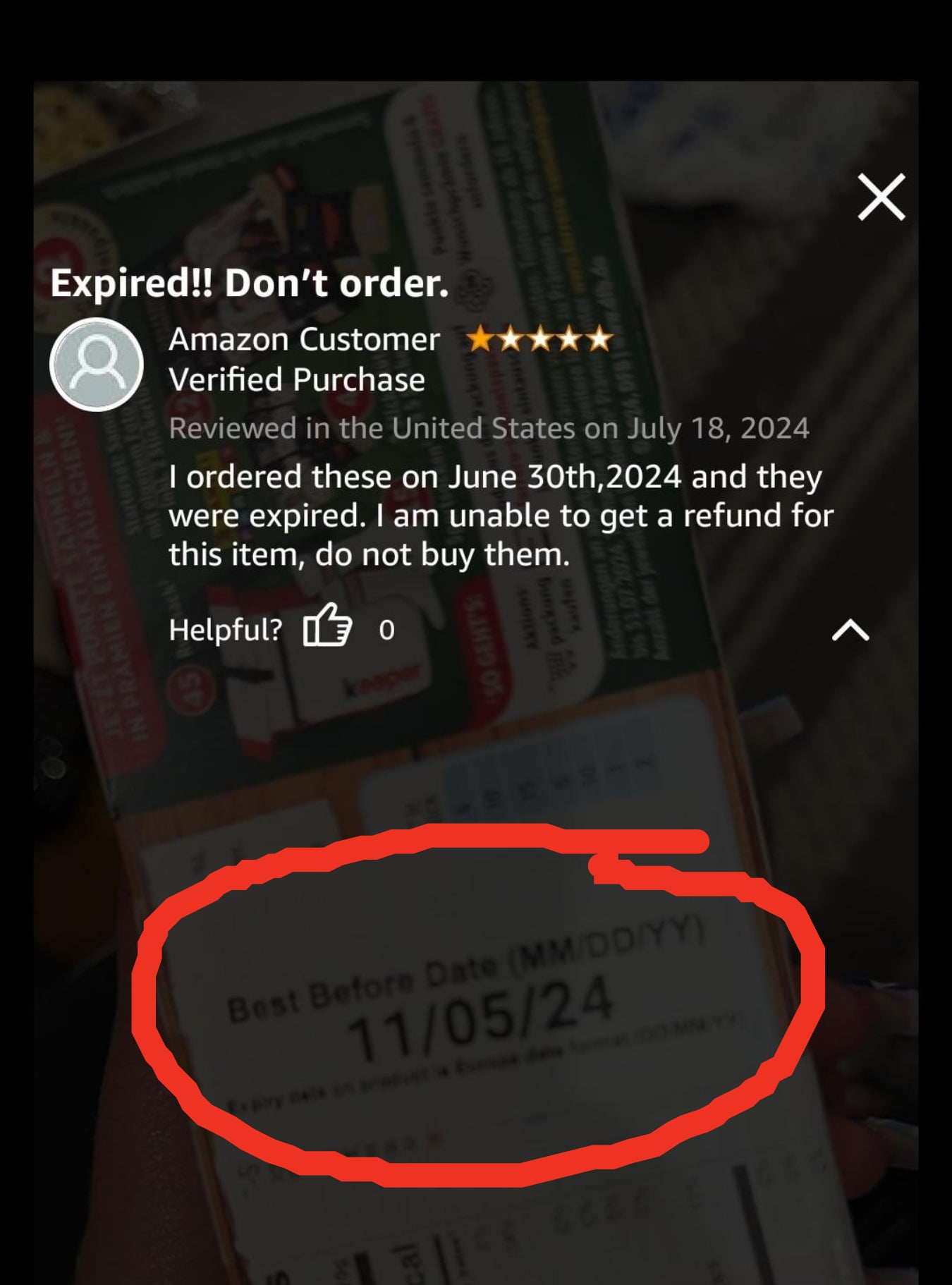 An Amazon review complaining that they received an item in July that was already expired. A photo of the product shows that it doesn't expire until November