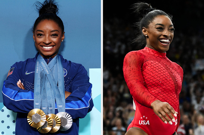 Simone Biles with her Olympic medals and competing at the Olympic games in a red leotard