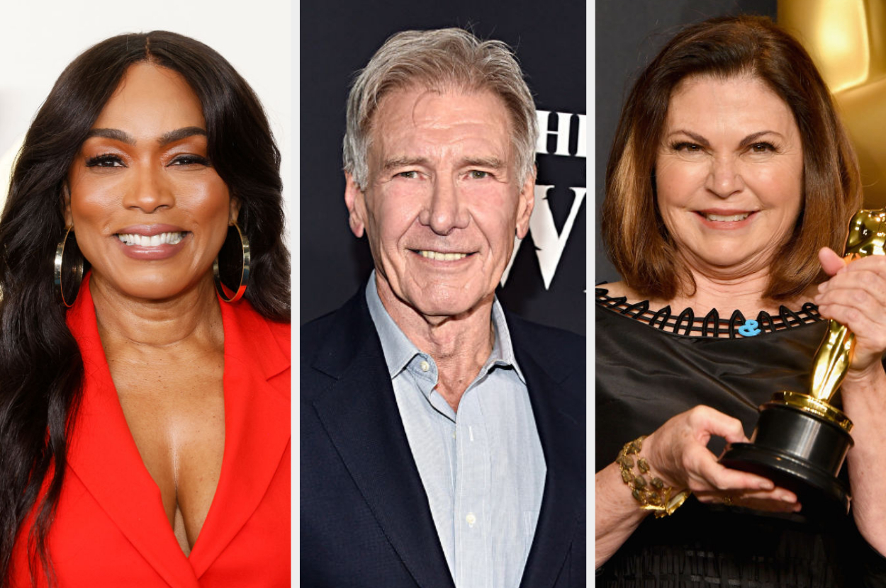 Angela Bassett, Harrison Ford, Linda Goldstein Knowlton smiling at various events; Linda holding an Oscar statuette