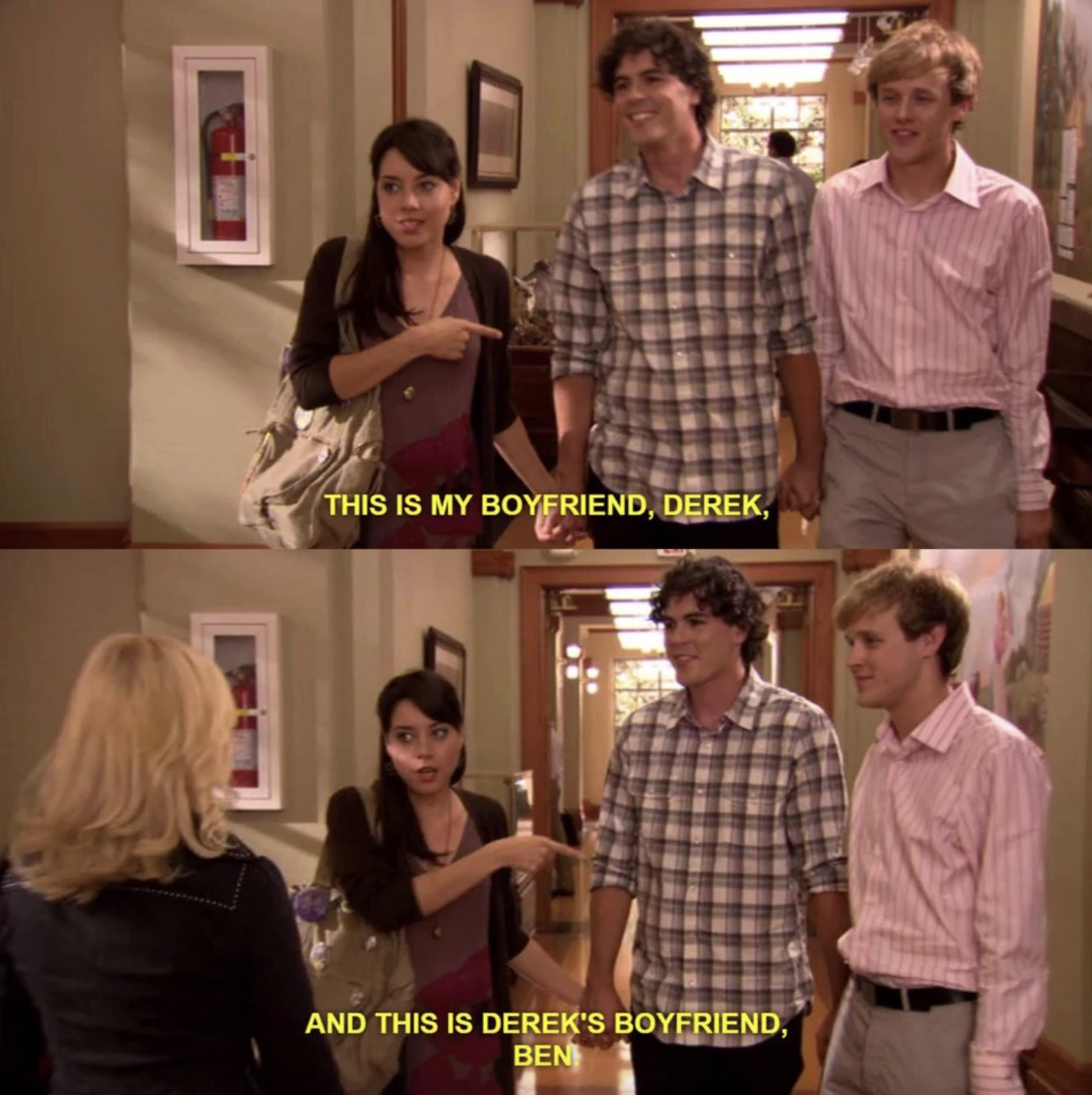 April, Derek, and Ben stand in a hallway. April says to Leslie: "This is my boyfriend, Derek," then points and adds, "And this is Derek's boyfriend, Ben."