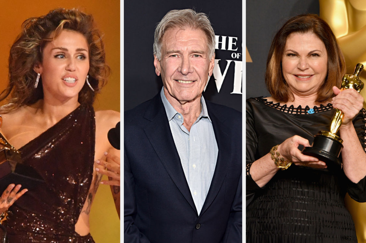 Miley Cyrus in a glamorous dress holding an award, Harrison Ford in a suit, and Kathleen Kennedy holding an Oscar statue