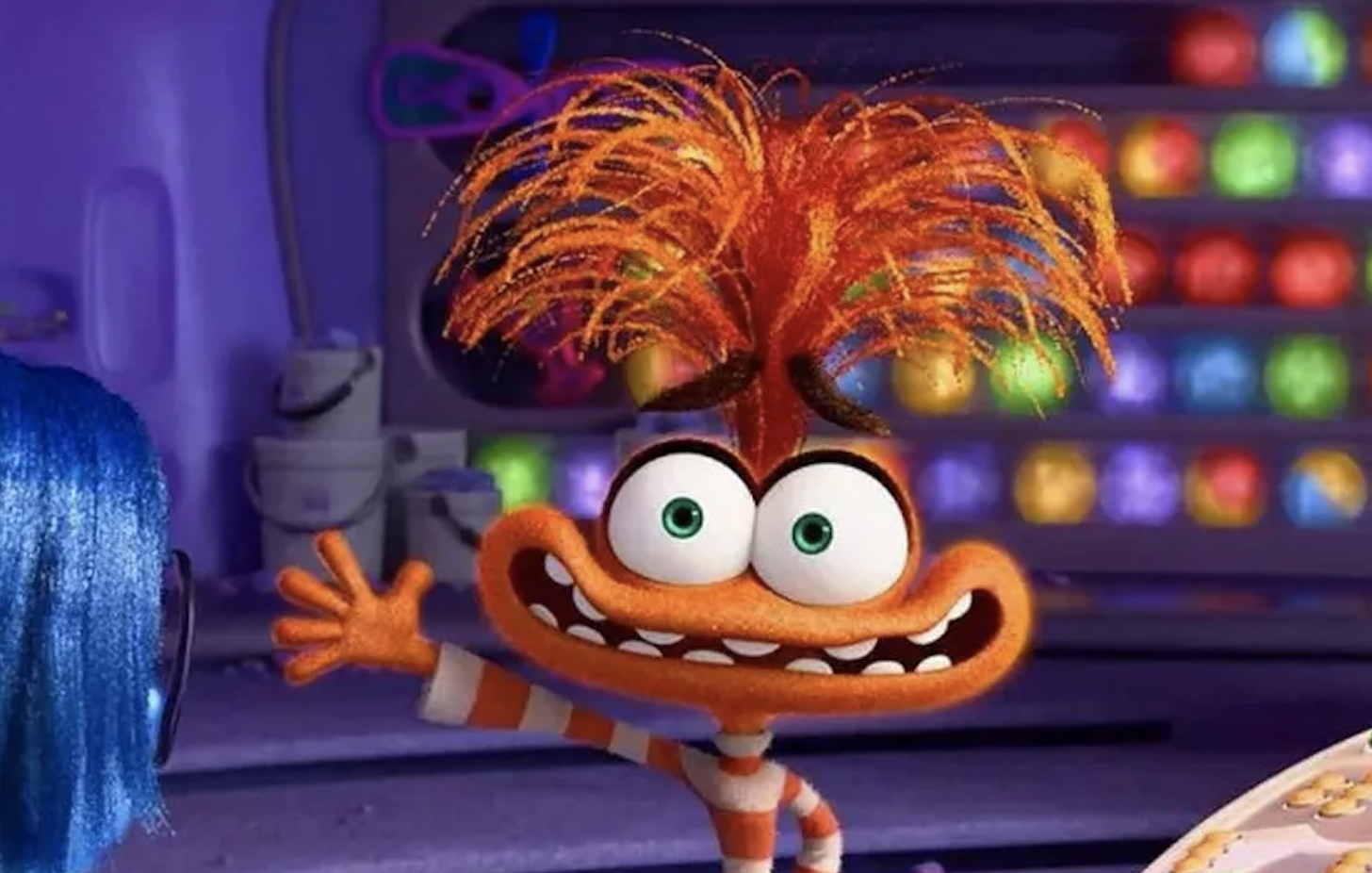 Joy and Fear from Inside Out stand in a colorful control room, Joy with a cheerful expression and Fear with a surprised look, interacting animatedly