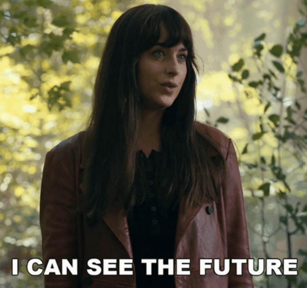 Dakota Johnson stands outdoors saying, "I can see the future." Scene features lush greenery in the background