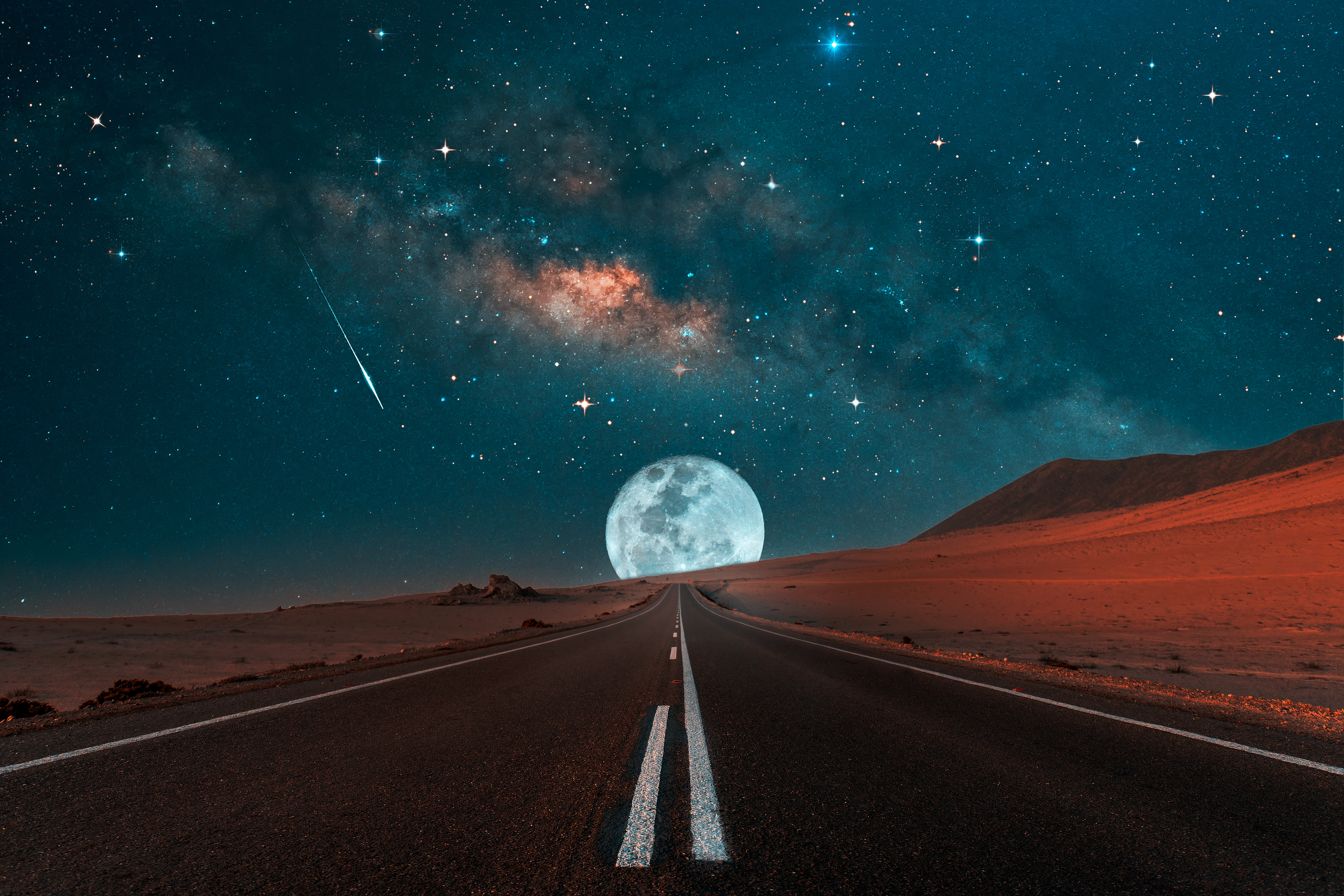 A long road leads into the distance, framed by a large, bright full moon and a starry night sky with the Milky Way visible overhead