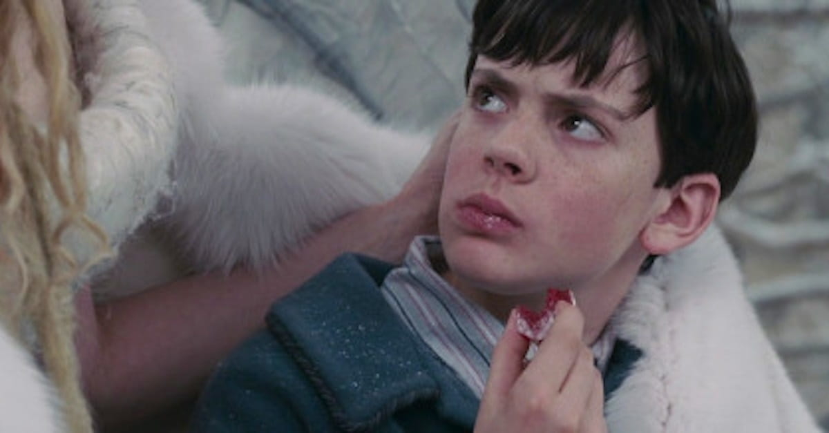 Edmund Pevensie, in a blue coat, looks up in concern holding Turkish Delight, with the White Witch's fur-clad arm around him