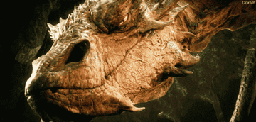 Smaug, the dragon from "The Hobbit," snarling