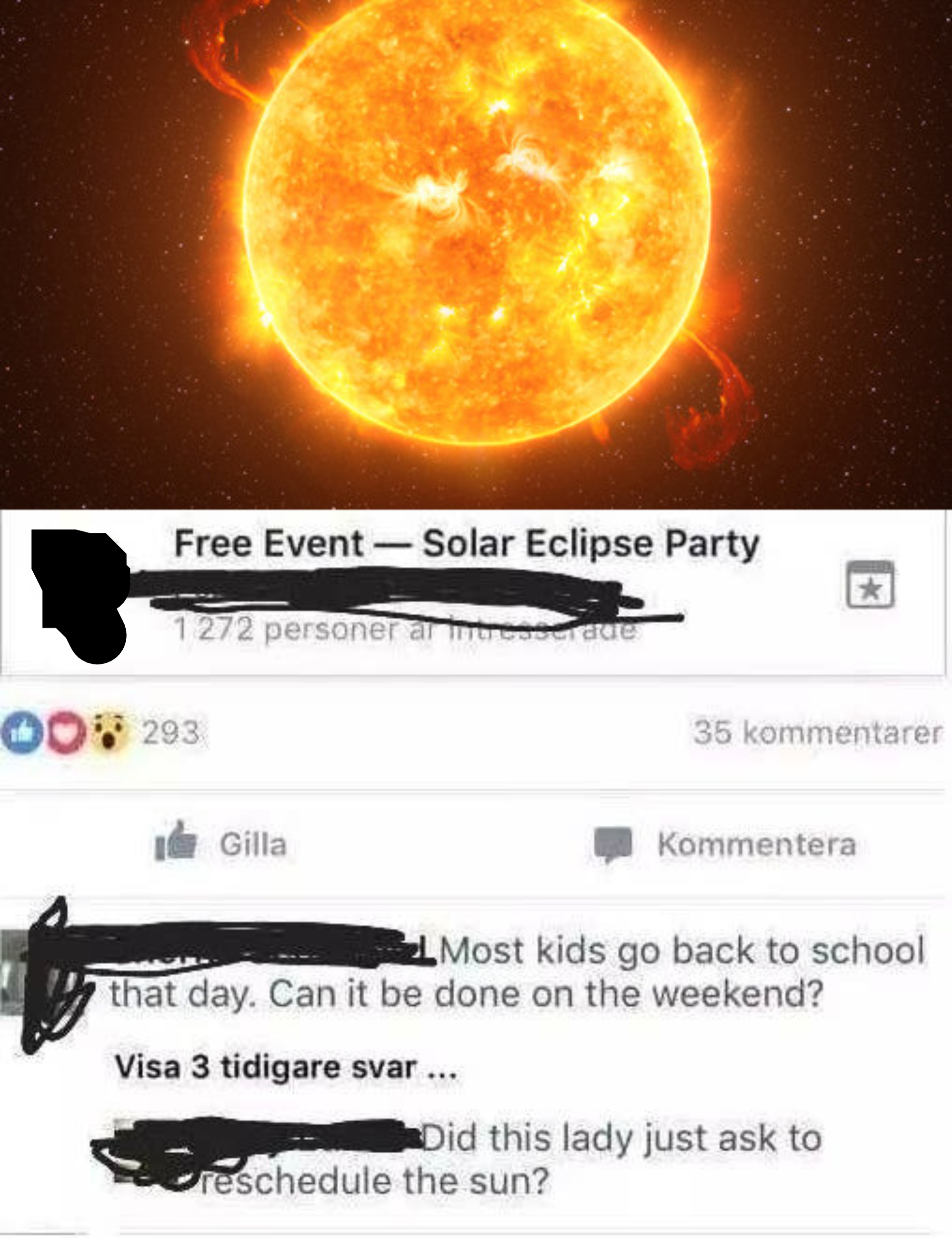Facebook event of a woman asking to reschedule a solar eclipse