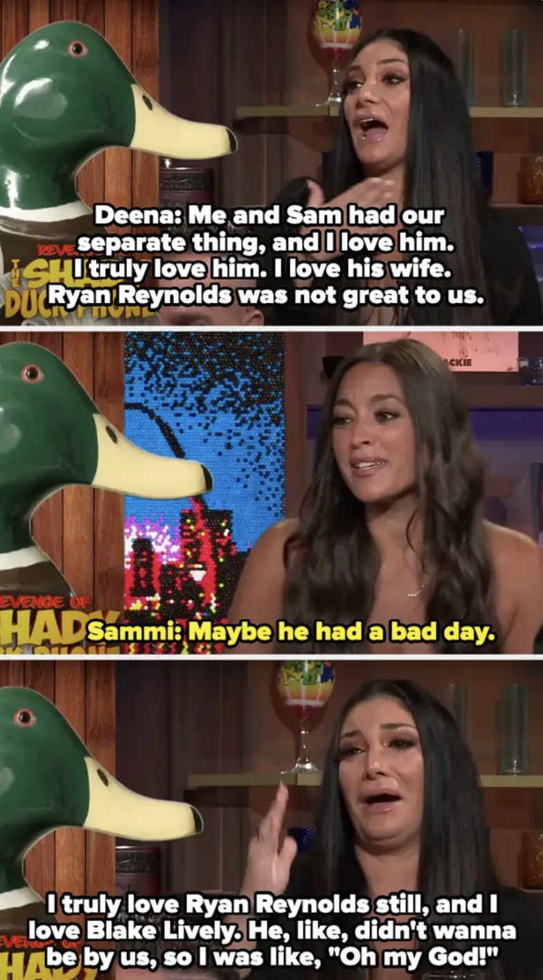 Deena and Sammi discussing Ryan Reynolds on a talk show. Deena states that he was not great to them, and Sammi suggests he may have had a bad day