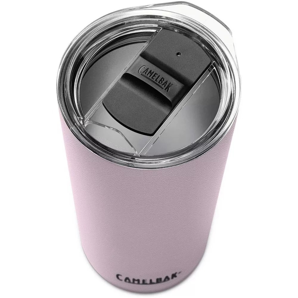 The tumbler with a view of the clear plastic lid, with a sliding black plastic cover for the mouth opening