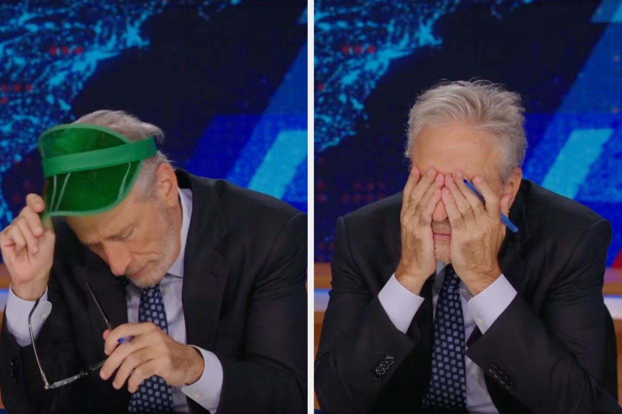 Jon Stewart on stage, first image shows him pulling a green hat over his face, second image shows him covering his face with hands, visibly distressed