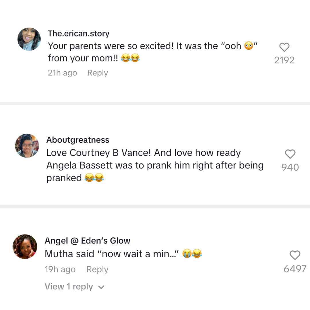 Three user comments on TikTok: The.erican.story recalls a parent’s reaction; Aboutgreatness praises Courtney B. Vance and Angela Bassett; Angel @ Eden’s Glow quotes "now wait a min…"