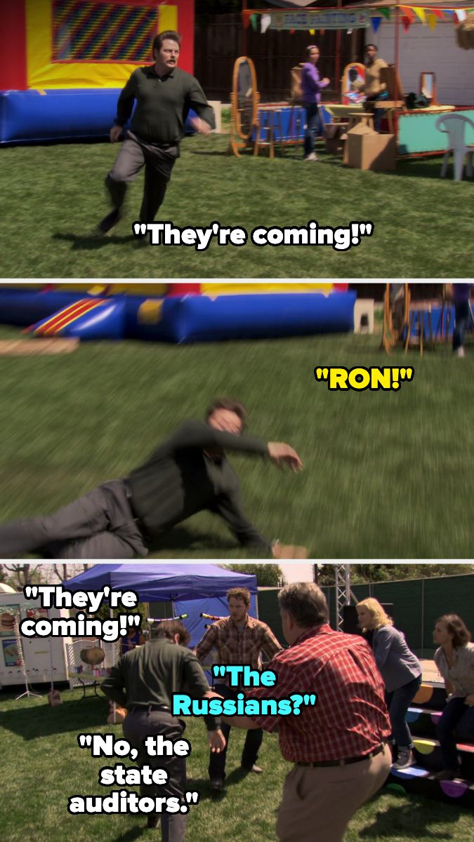 Three images from a TV show featuring a character shouting, "They’re coming!" Another character falls as someone shouts, "Ron!" Final image shows "The Russians?" "No, the state auditors."