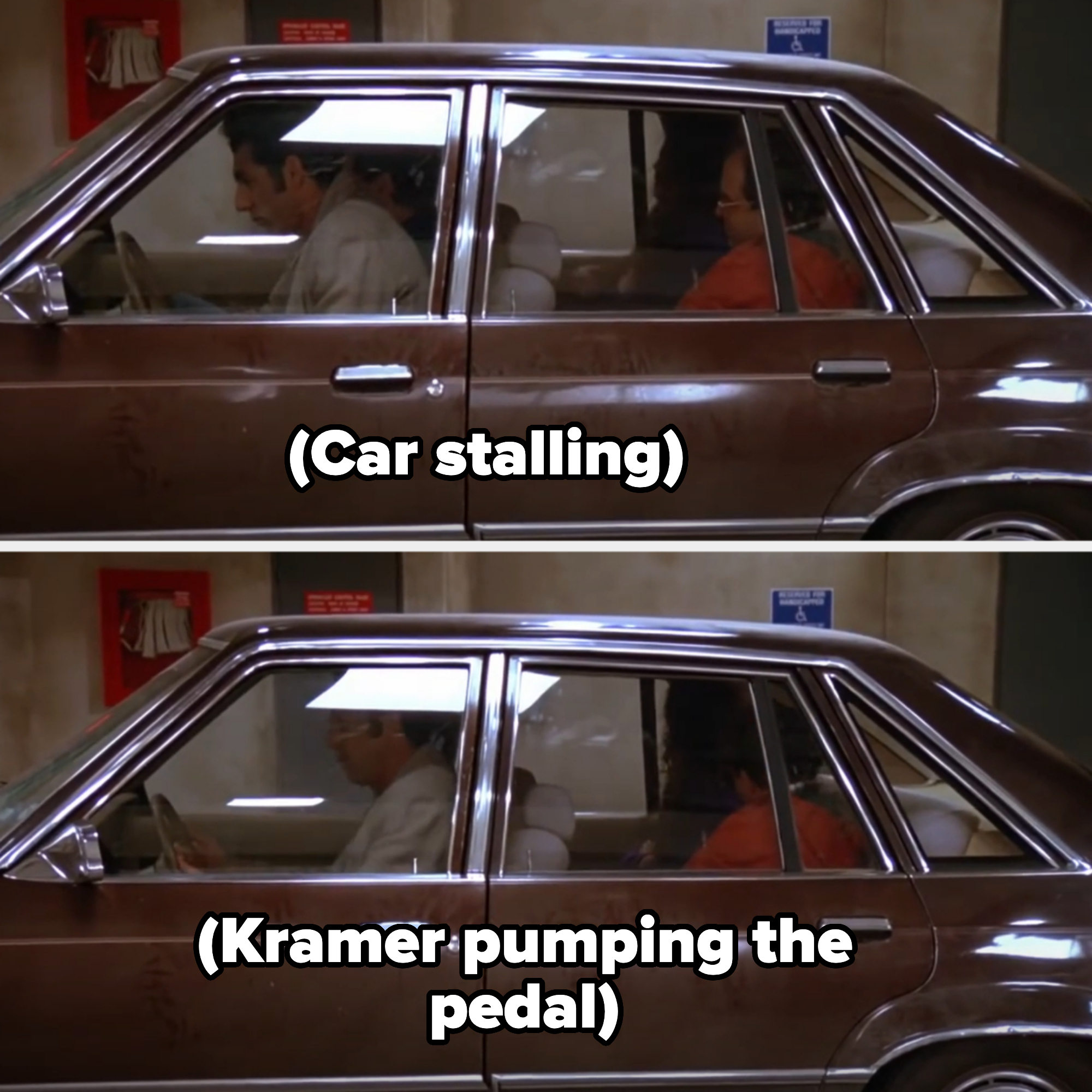 Kramer and Newman sit inside a parked car, Kramer in the driver's seat looking forward, and Newman in the backseat looking down, in a scene from Seinfeld