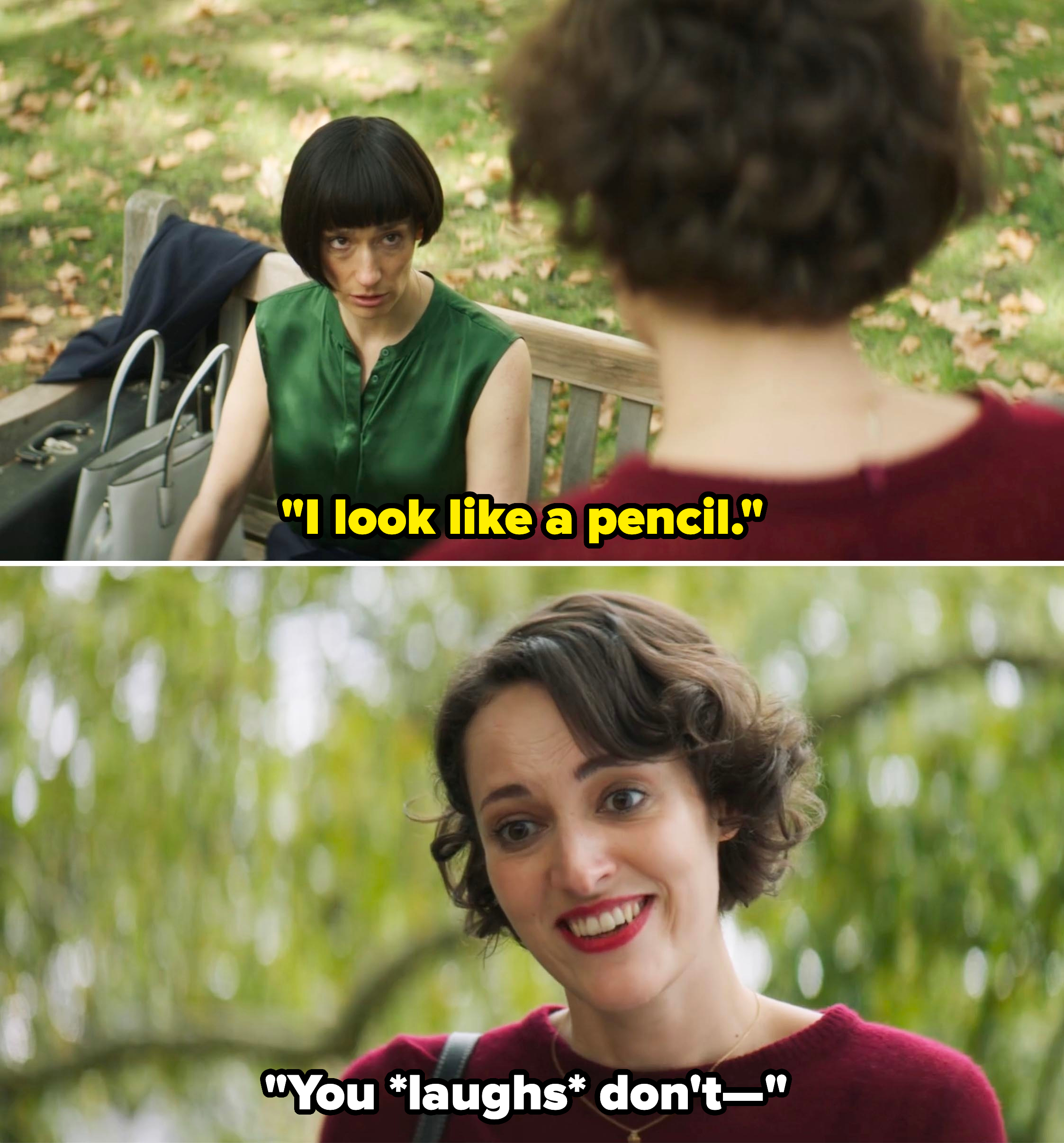 Sian Clifford and Phoebe Waller-Bridge's characters sit on a park bench, engaged in conversation, from the series &quot;Fleabag&quot;