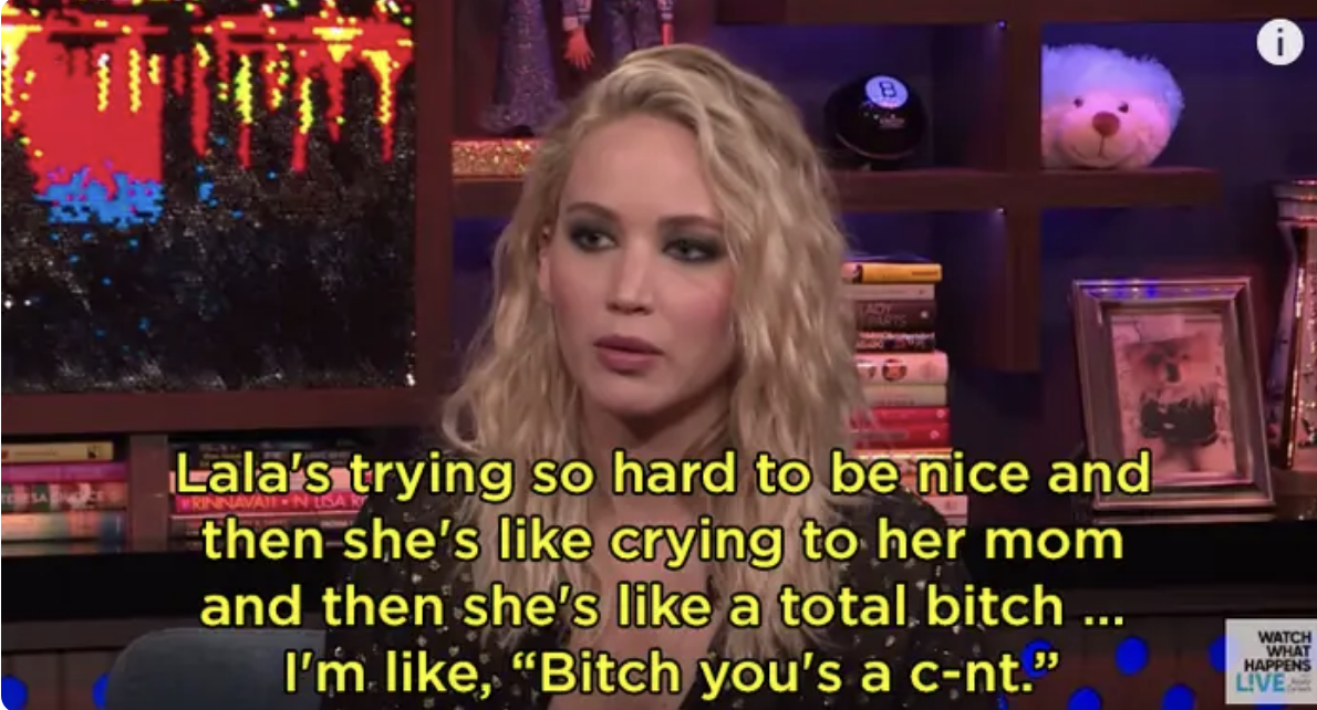 Jennifer Lawrence on a talk show, discussing reality TV star Lala, stating that the star is being two-faced and is a "c-word"
