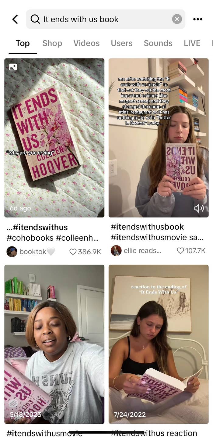 Four TikTok screenshots: Colleen Hoover&#x27;s book &quot;It Ends With Us&quot; on a bed, three women (ellie.reads, Lovely Reads, and another user) reading or reacting to the book