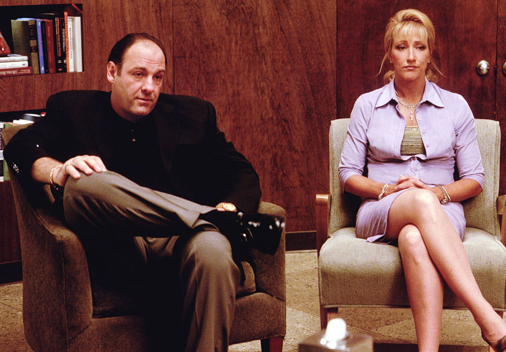 James Gandolfini as Tony Soprano and Lorraine Bracco as Dr. Jennifer Melfi sit in a therapist's office, in a scene from &quot;The Sopranos.&quot;