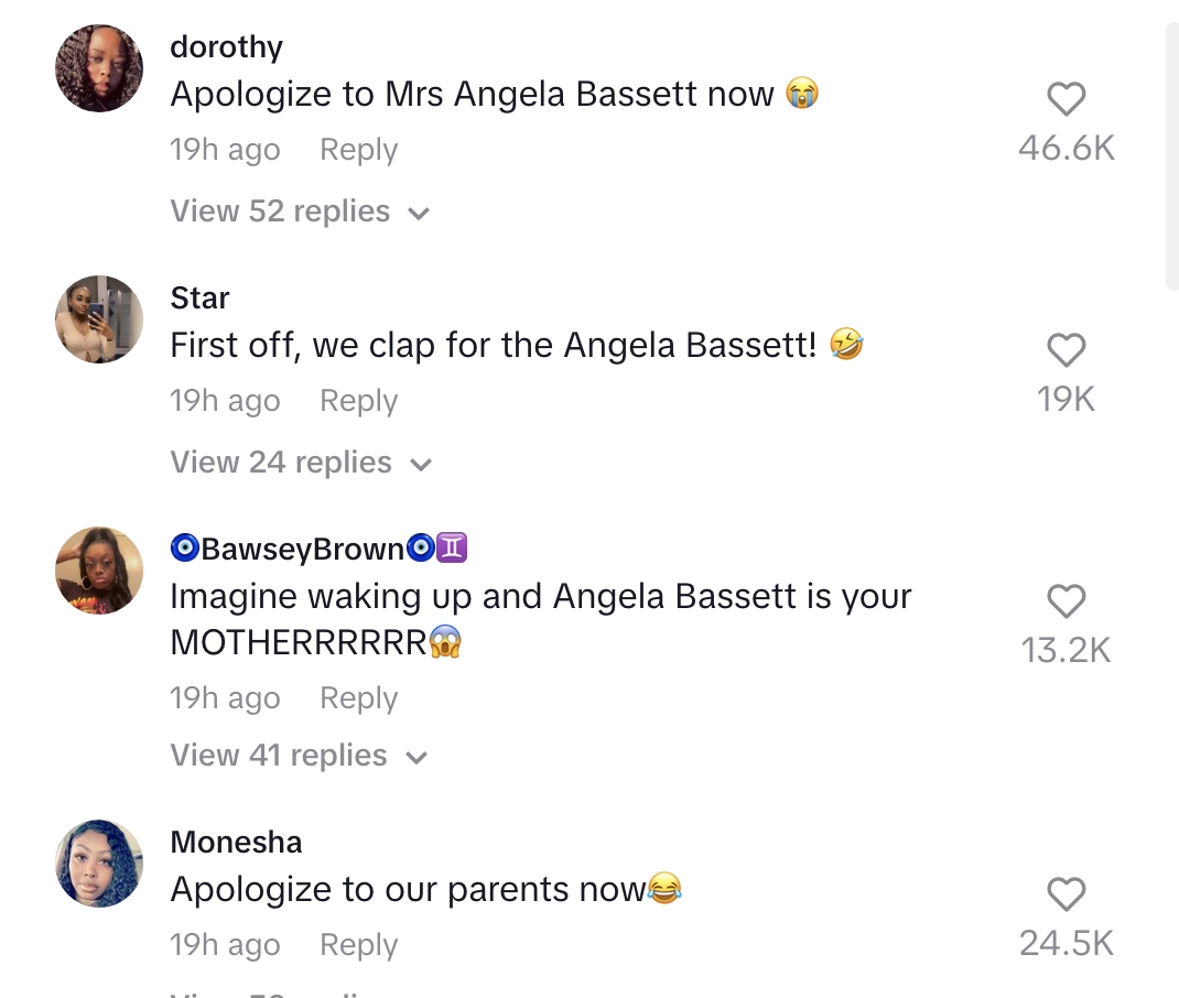 Screenshot of a social media post thread with users dorothy, Star, BawseyBrown, and Monesha commenting supportively about Angela Bassett