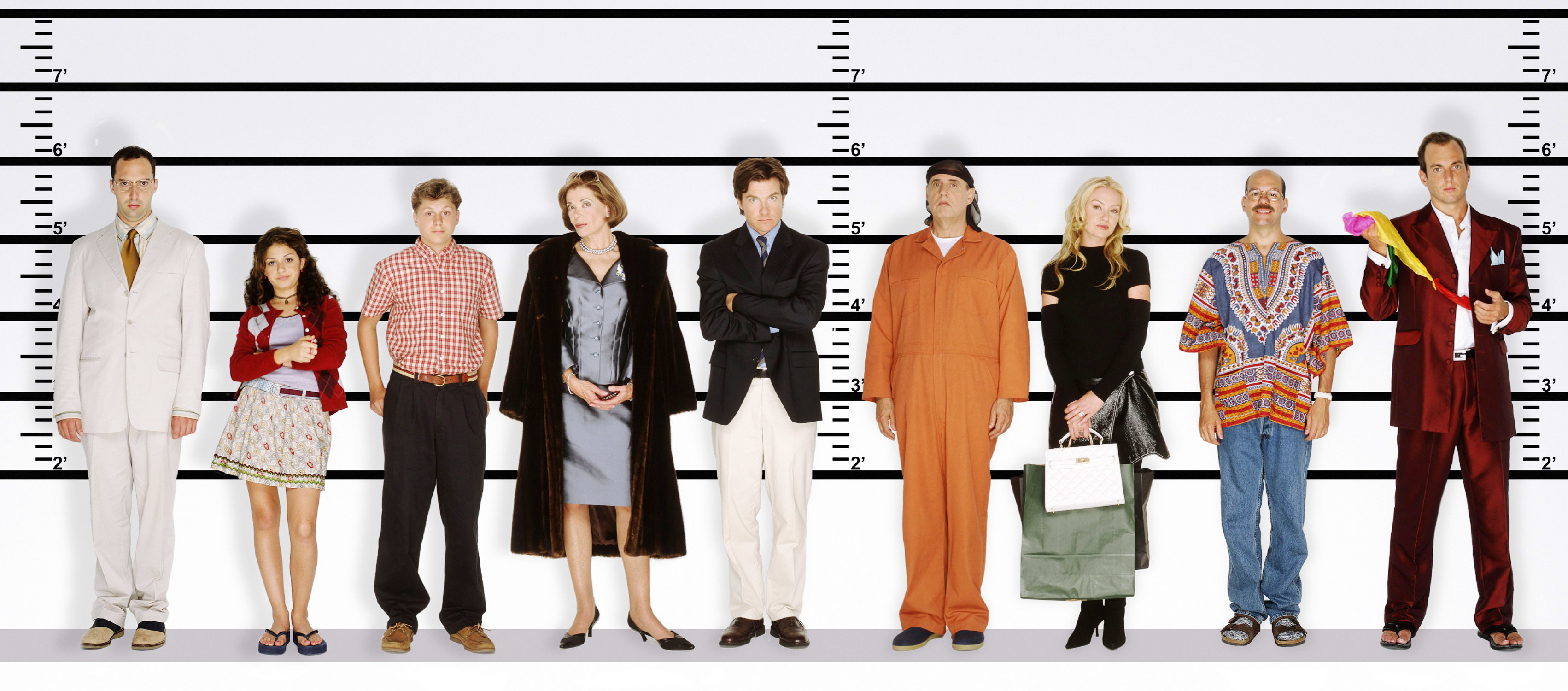 The cast of &quot;Arrested Development&quot; standing in a police lineup, from left: David Cross, Tony Hale, Portia de Rossi, Michael Cera, Jason Bateman, Jessica Walter, Will Arnett, Jeffrey Tambor, and Alia Shawkat