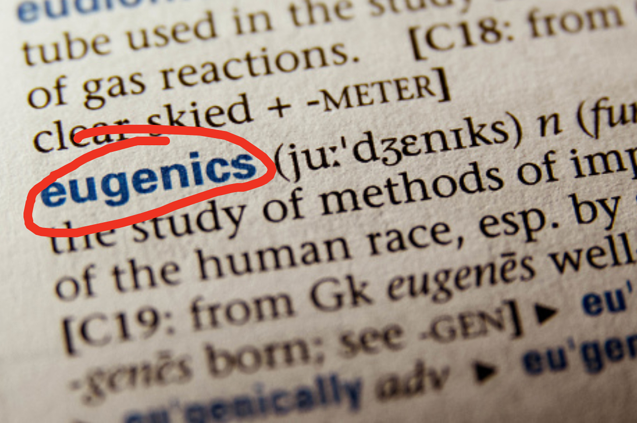 The image shows a dictionary page with the word "eugenics" highlighted in red. The definition discusses the study of improving the human race