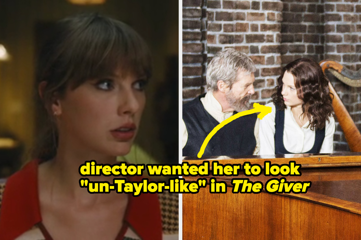 On the left, Taylor Swift in a scene; on the right, Brenton Thwaites and Meryl Streep in "The Giver" with an arrow pointing to Streep. Caption: "director wanted her to look 'un-Taylor-like' in The Giver."