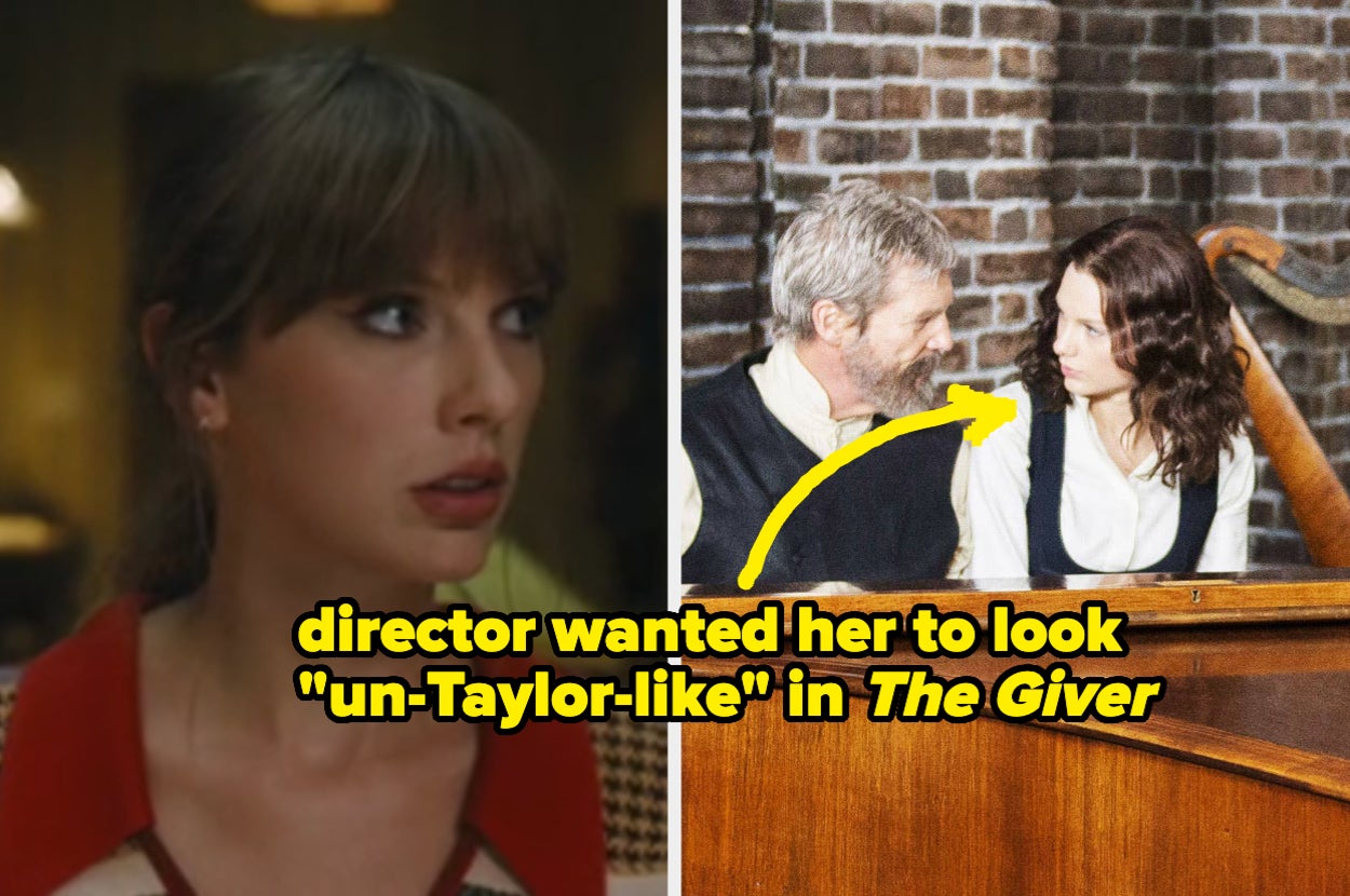 On the left, Taylor Swift in a scene; on the right, Brenton Thwaites and Meryl Streep in "The Giver" with an arrow pointing to Streep. Caption: "director wanted her to look 'un-Taylor-like' in The Giver."