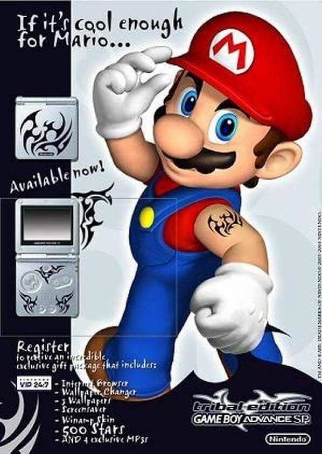 Mario promotes the Game Boy Advance SP Tribal Edition. The features the console's design, a chance to win prizes, and a list of included items