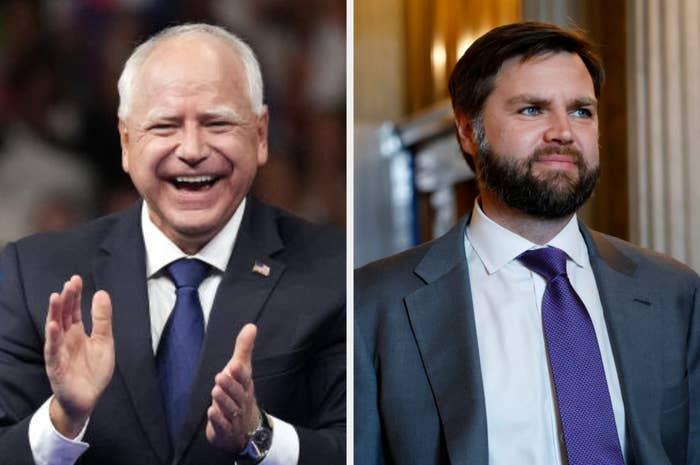 Tim Walz, in a suit and tie, smiling and clapping; J.D. Vance, in a suit with a purple tie, looking pensive