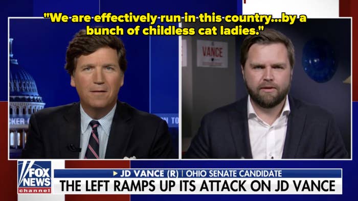 Tucker Carlson and JD Vance discuss political attacks on Vance. Television screen with Fox News channel branding and headlines about JD Vance, Ohio Senate candidate
