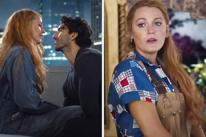 Blake Lively and Justin Baldoni share an intimate moment in a scene; Blake Lively wears a blue and patterned shirt with an apron in another scene