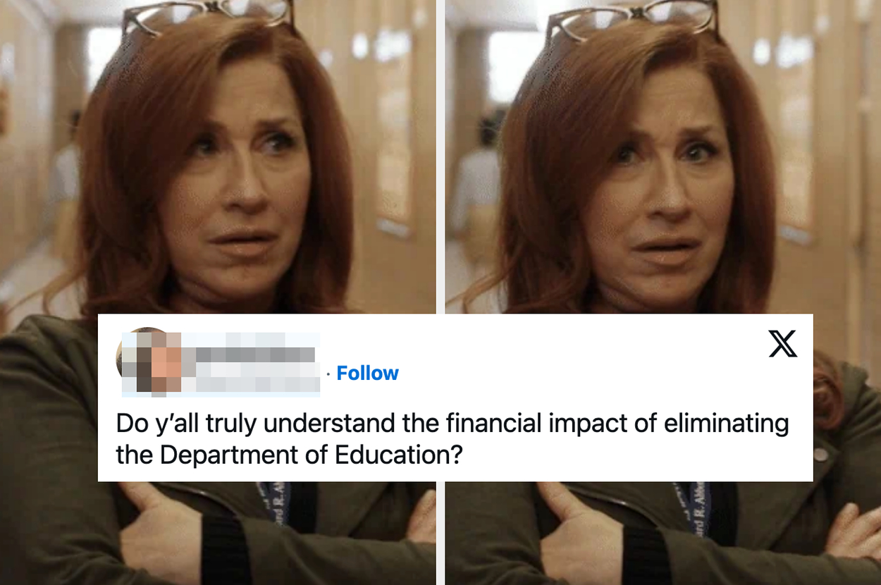 A woman with glasses on her head and curly hair, dressed in a jacket with a lanyard, appears confused or skeptical in two side-by-side images
