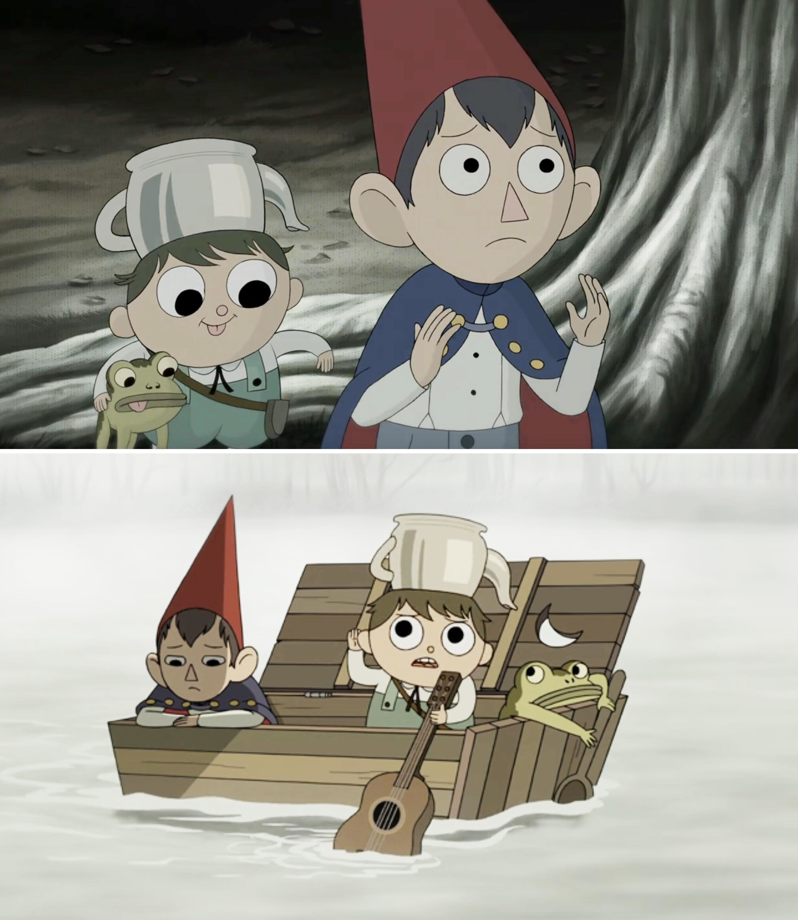 Greg, Wirt, and a frog in two scenes from the animated series &quot;Over the Garden Wall.&quot; The first scene shows them by a tree, and the second scene in a wooden boat