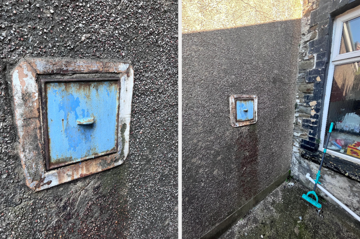 Two side-by-side photos show a small, rusty metal door on an exterior wall. A window and broom are visible in the second photo