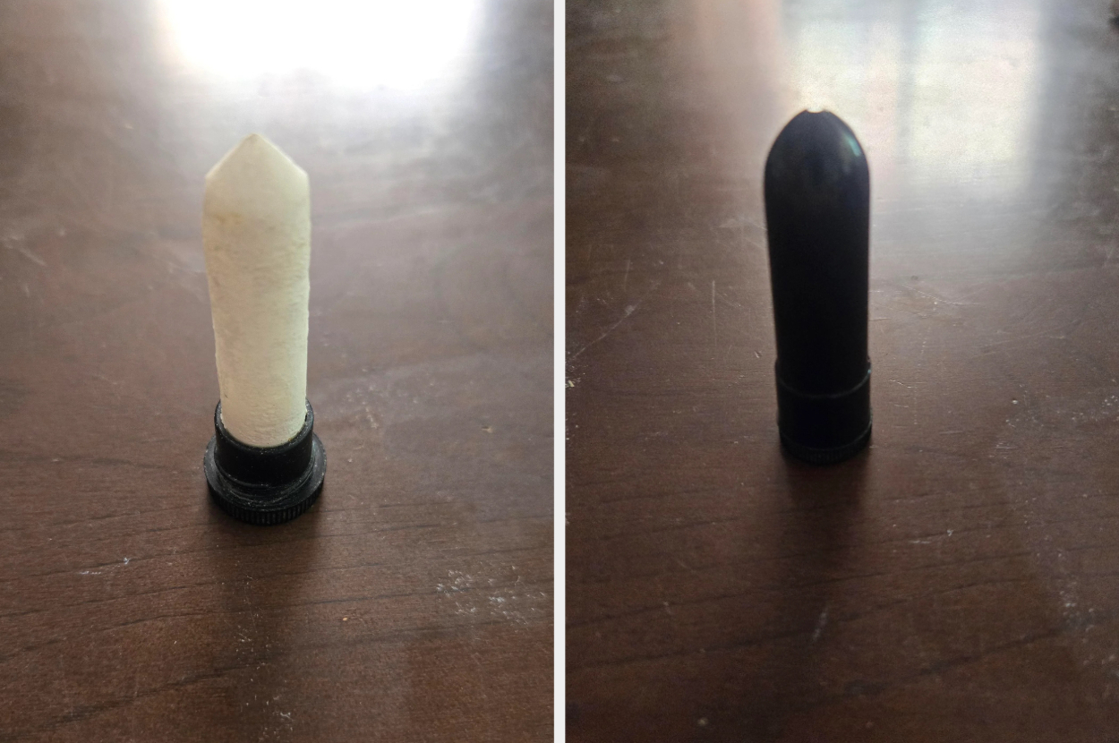 On the left is a white lipstick-shaped object. On the right, what appears to be a covered lipstick tube