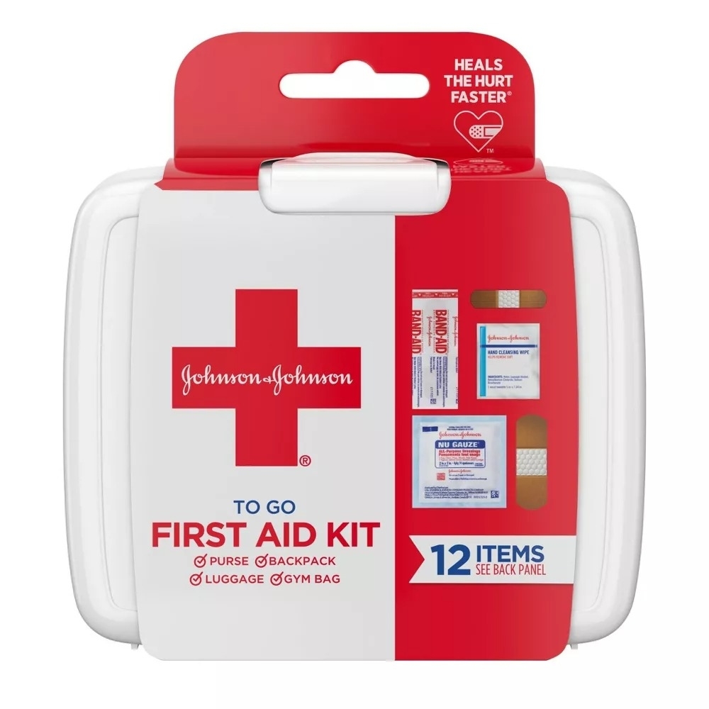 The first aid kit with packaging that indicates gauze, antibacterial wipes, and adjesive bandages of two sizes are inside