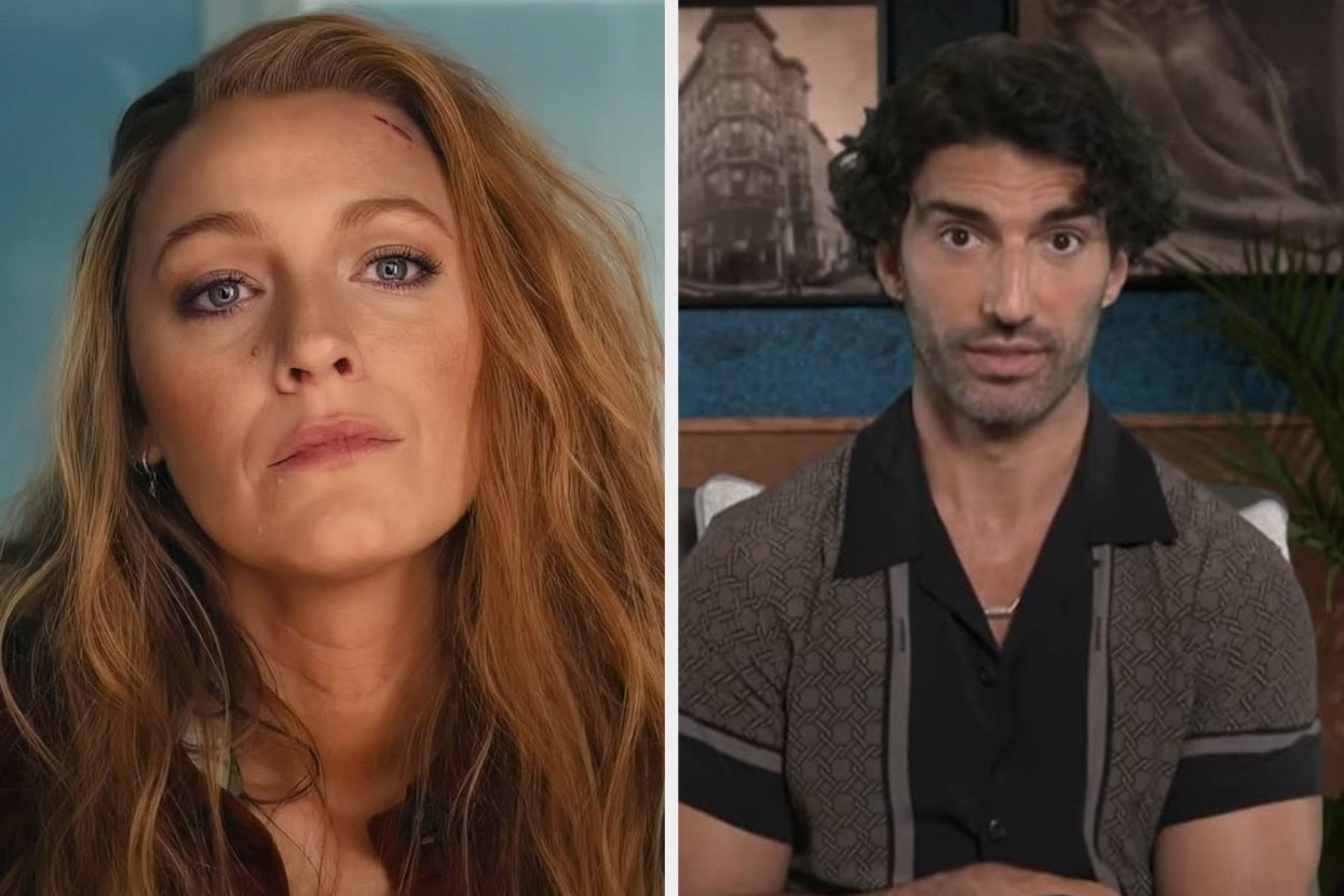 Blake Lively and Justin Baldoni are featured side-by-side. Blake is solemn with a slight injury on her forehead, while Justin is casually dressed in a patterned shirt