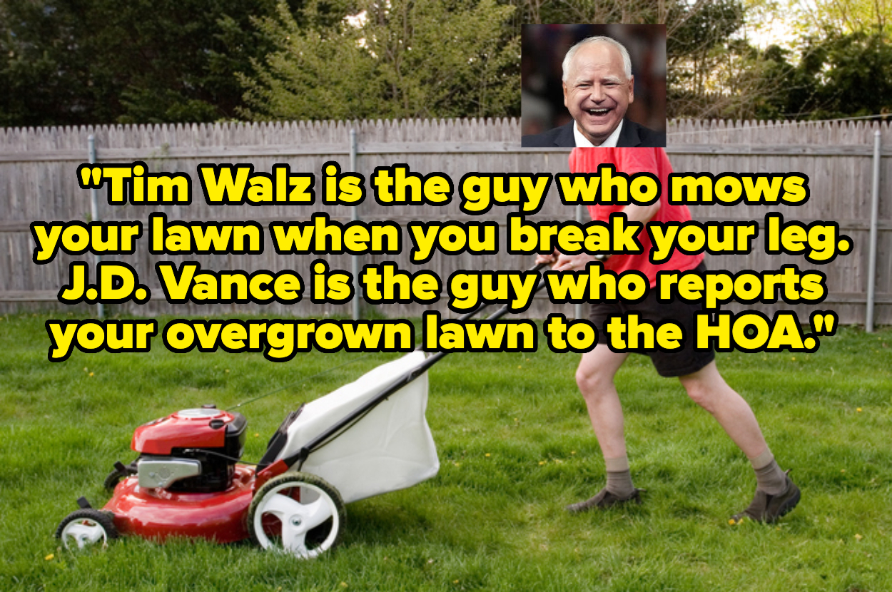 An edited photo of a person mowing a lawn with superimposed heads of Tim Walz on the body. Text: "Tim Walz is the guy who mows your lawn when you break your leg. J.D. Vance is the guy who reports your overgrown lawn to the HOA."