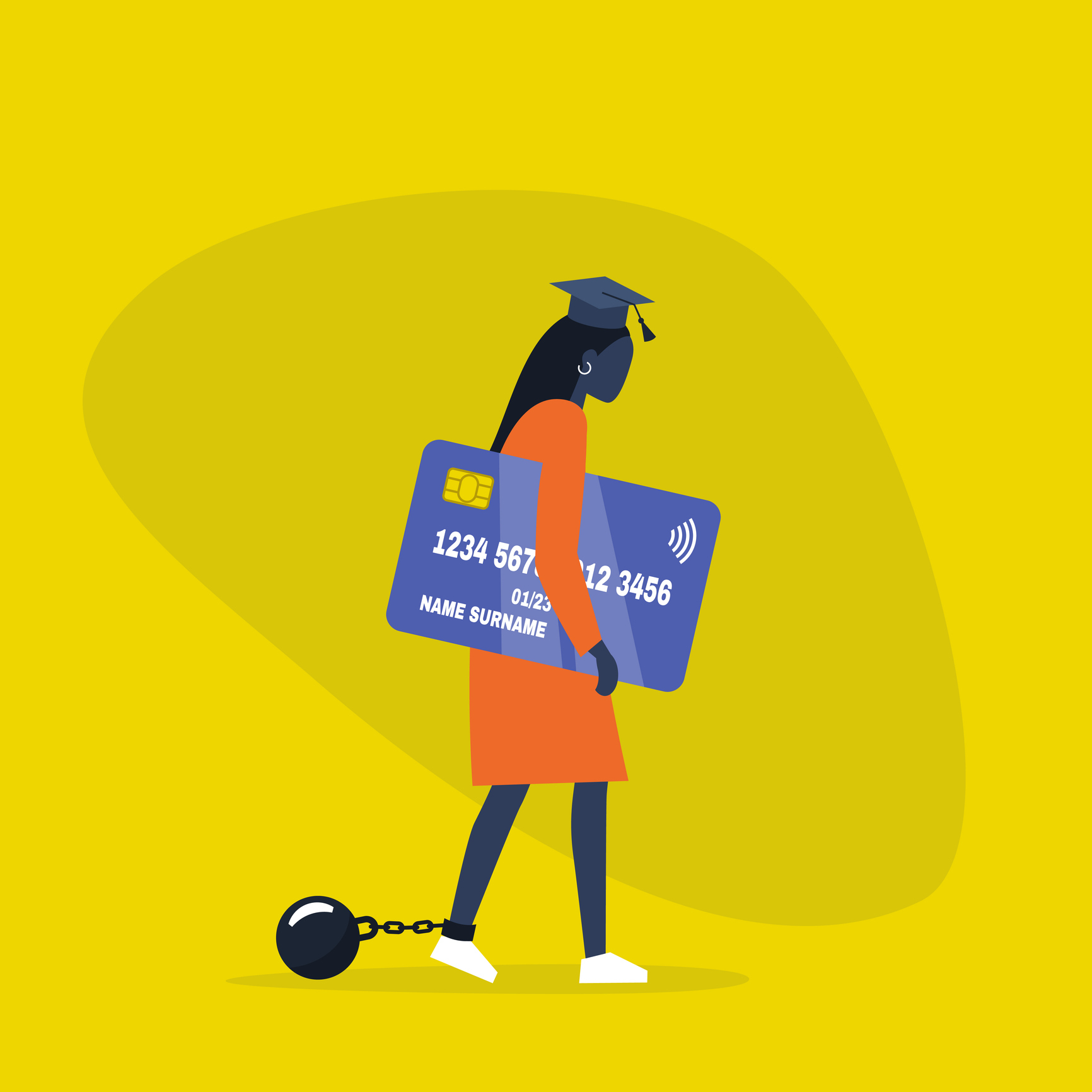Illustration of a person in a graduation cap carrying a large credit card with a shackled ball attached to their ankle, representing student loan debt